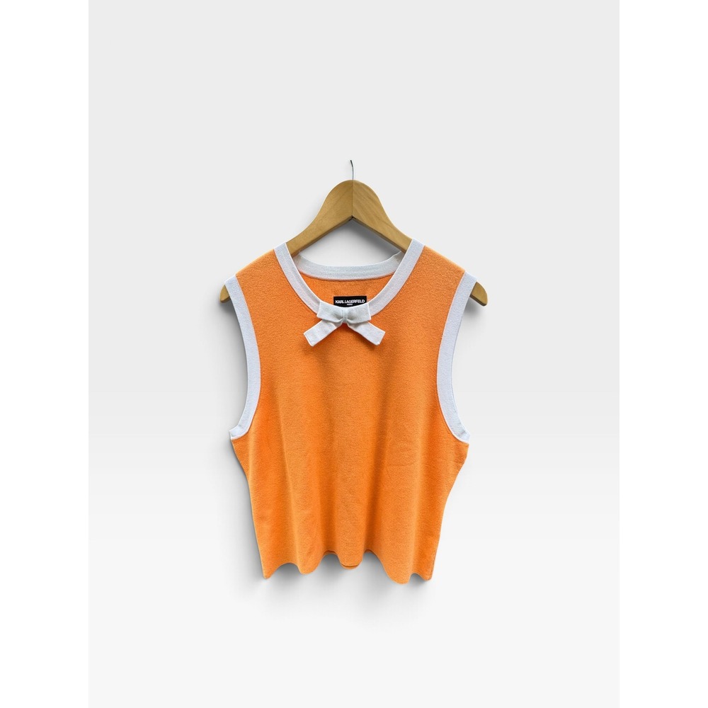 Karl Lagerfeld Paris Women XL Orange White Bow Sleeveless Knit Sweater Top